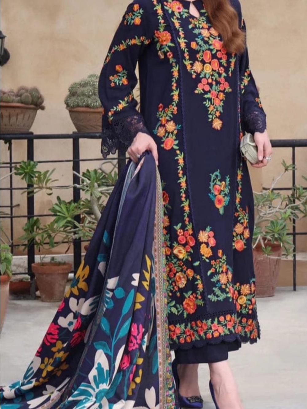 Embroidered Navy Floral Long Dress with Matching Shawl